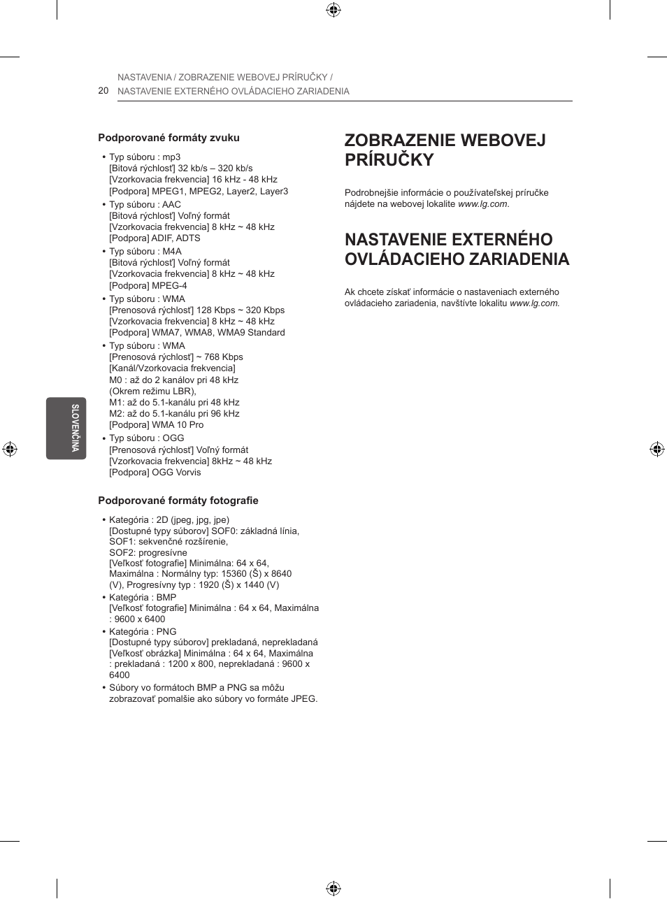 Zobrazenie webovej príručky, Nastavenie externého ovládacieho zariadenia | LG 50PB560V User Manual | Page 135 / 387