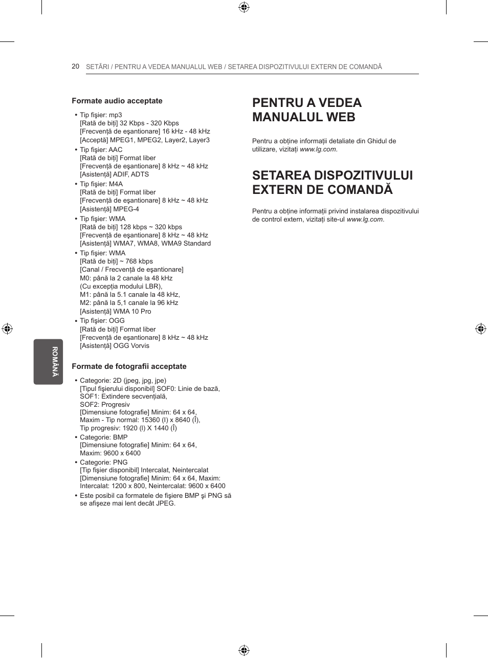 Pentru a vedea manualul web, Setarea dispozitivului extern de comandă | LG 50PB560V User Manual | Page 157 / 387