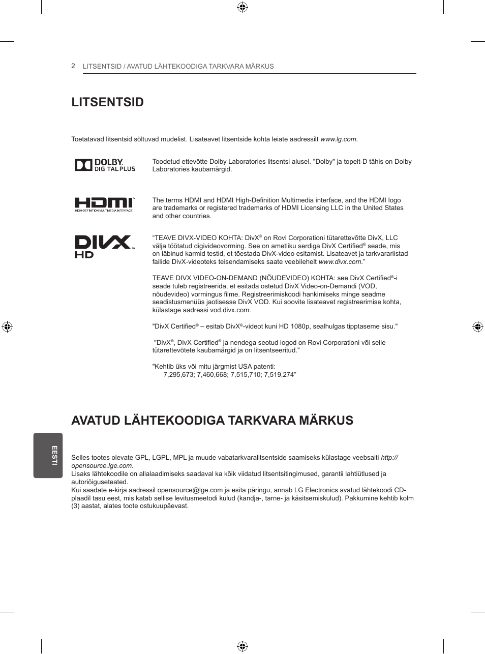 Litsentsid, Avatud lähtekoodiga tarkvara märkus | LG 50PB560V User Manual | Page 183 / 387
