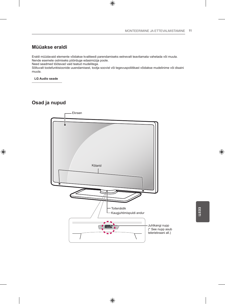 Müüakse eraldi, Osad ja nupud | LG 50PB560V User Manual | Page 192 / 387