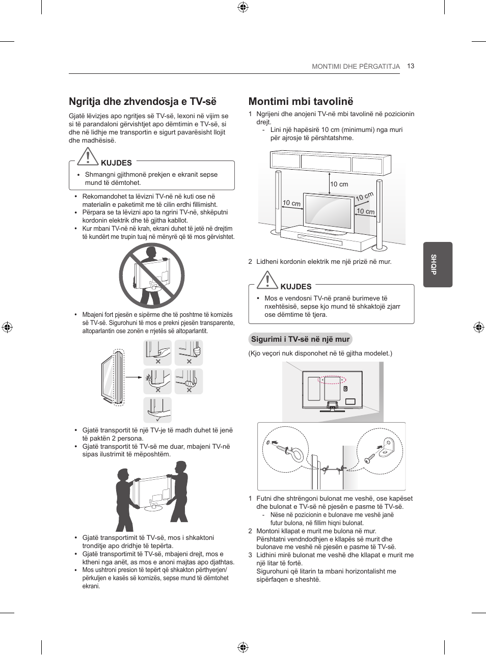 Ngritja dhe zhvendosja e tv-së, Montimi mbi tavolinë | LG 50PB560V User Manual | Page 304 / 387