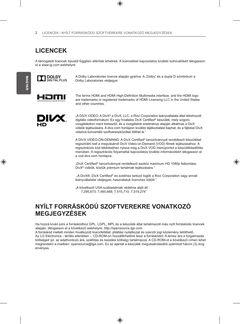 Licencek | LG 50PB560V User Manual | Page 51 / 387