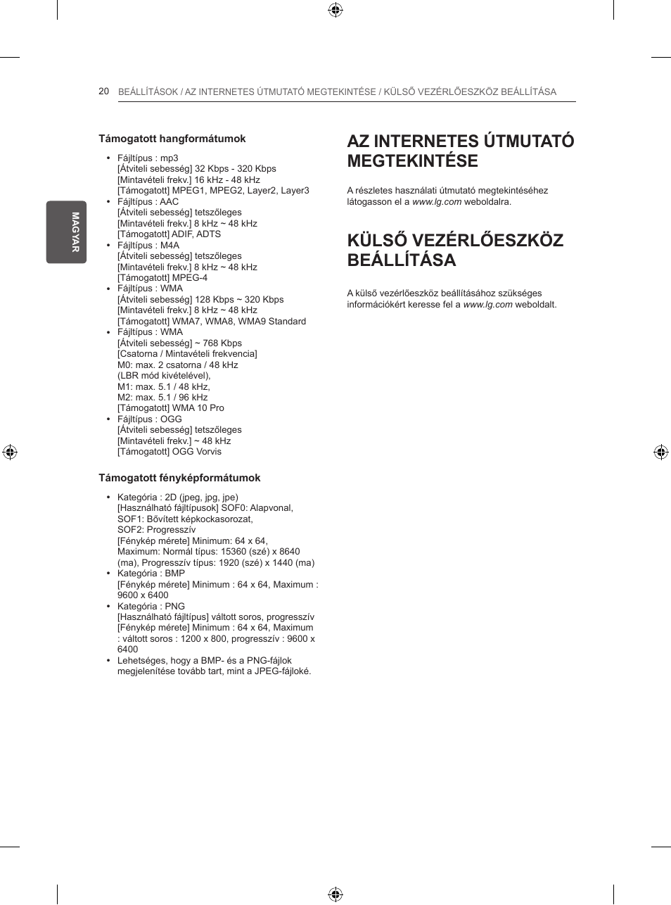 Az internetes útmutató megtekintése, Külső vezérlőeszköz beállítása | LG 50PB560V User Manual | Page 69 / 387