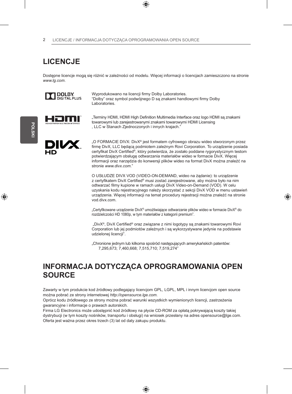 Licencje, Informacja dotycząca oprogramowania open source | LG 50PB560V User Manual | Page 73 / 387