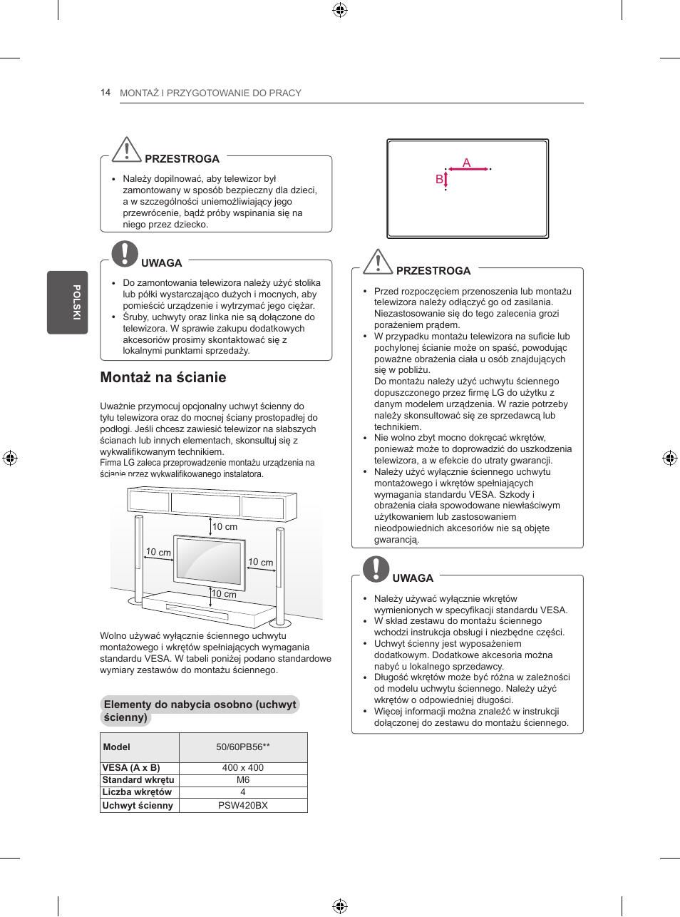 Montaż na ścianie | LG 50PB560V User Manual | Page 85 / 387