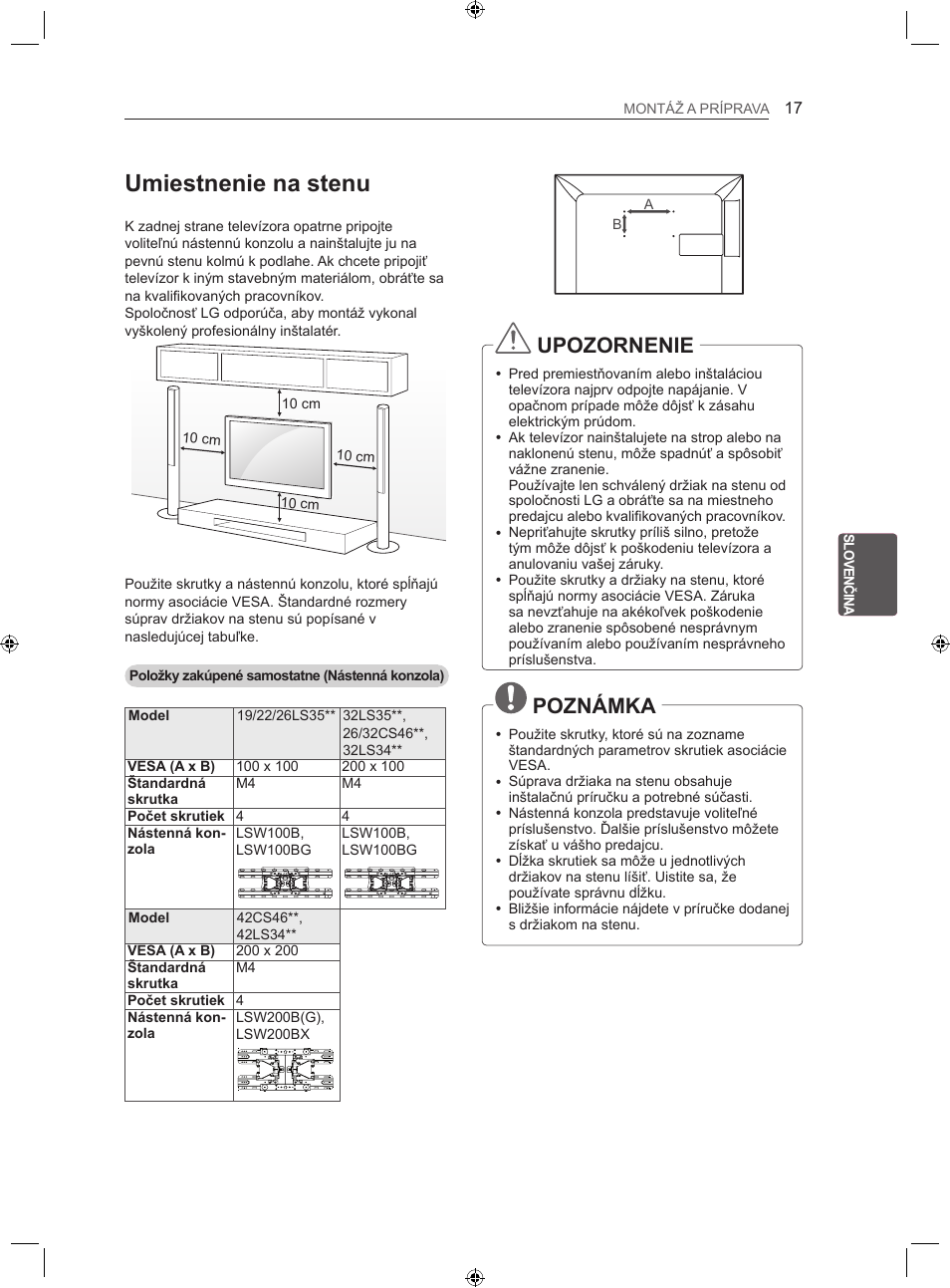 Umiestnenie na stenu, Upozornenie, Poznámka | LG 22LS3500-ZA User Manual | Page 106 / 367