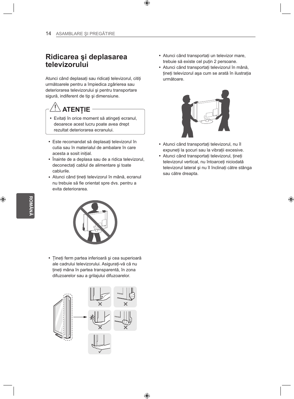 Ridicarea şi deplasarea televizorului, Atenţie | LG 22LS3500-ZA User Manual | Page 123 / 367