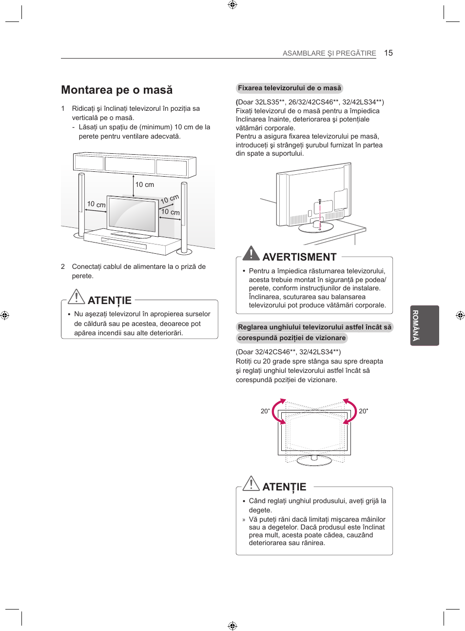 Montarea pe o masă, Atenţie, Avertisment | LG 22LS3500-ZA User Manual | Page 124 / 367