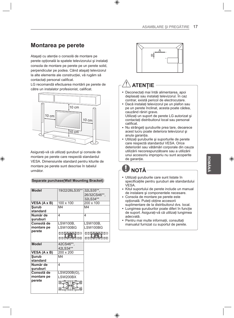 Montarea pe perete, Atenţie, Notă | LG 22LS3500-ZA User Manual | Page 126 / 367