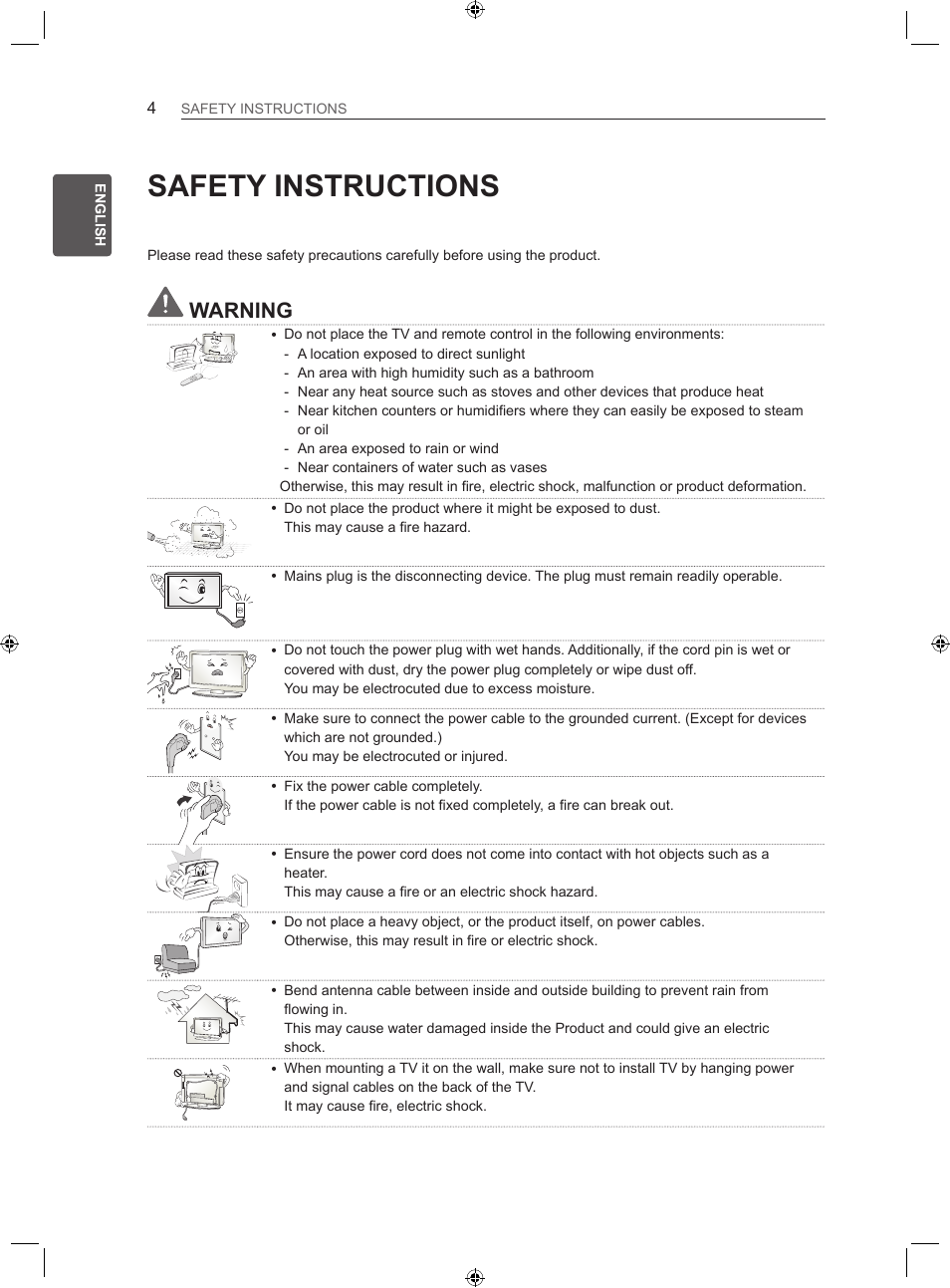 Safety instructions, Warning | LG 22LS3500-ZA User Manual | Page 13 / 367