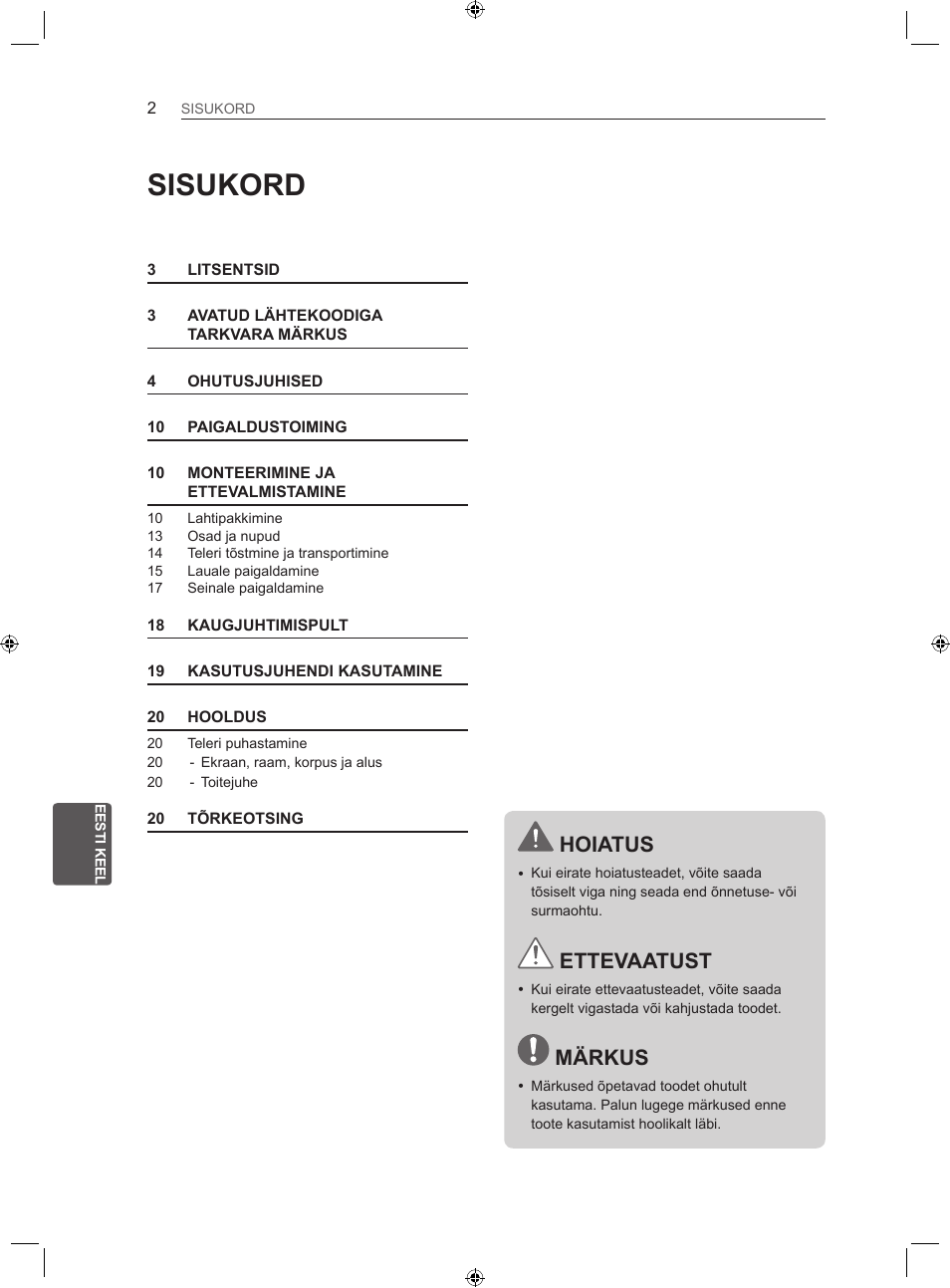 Sisukord, Hoiatus, Ettevaatust | Märkus | LG 22LS3500-ZA User Manual | Page 151 / 367