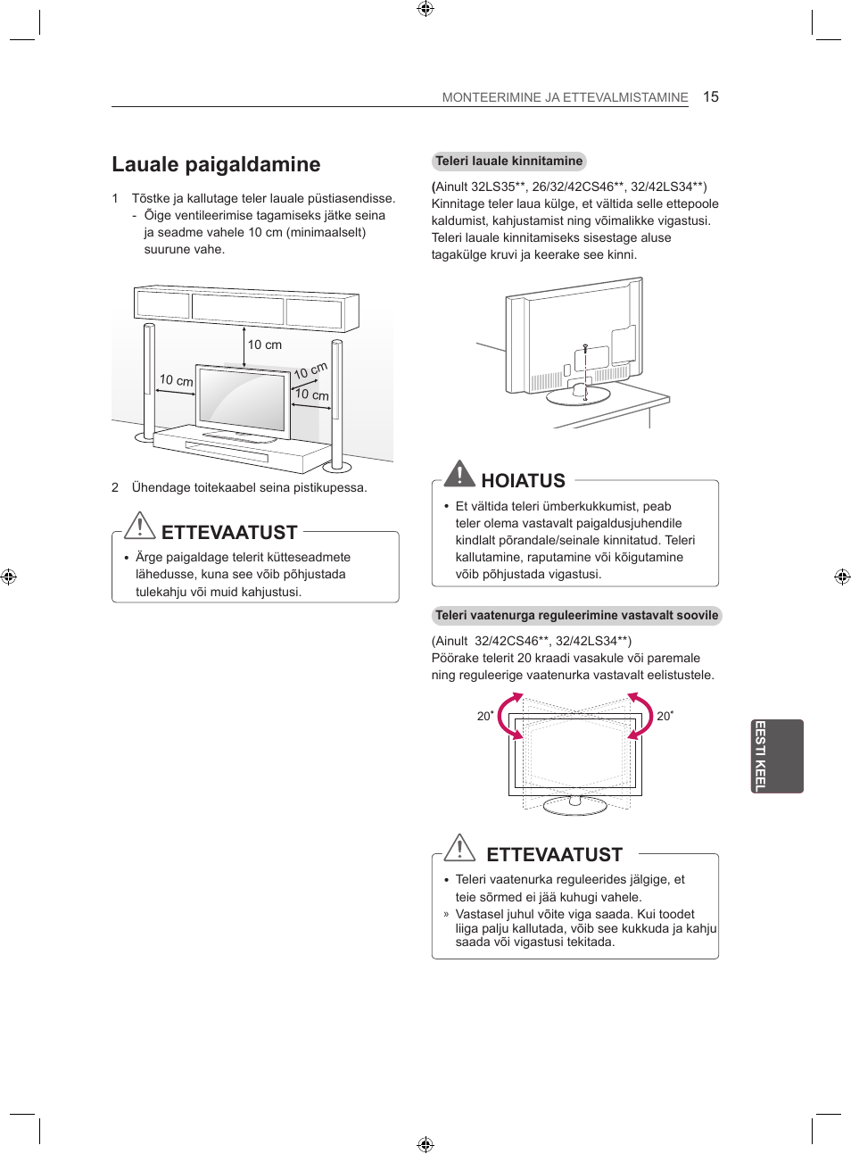 Lauale paigaldamine, Ettevaatust, Hoiatus | LG 22LS3500-ZA User Manual | Page 164 / 367