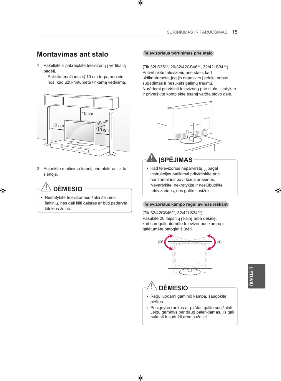 Montavimas ant stalo, Dėmesio, Įspėjimas | LG 22LS3500-ZA User Manual | Page 184 / 367