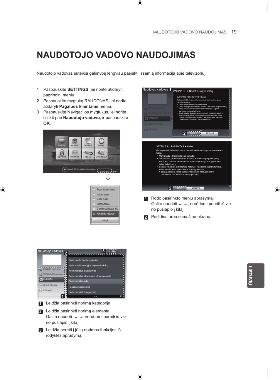 Naudotojo vadovo naudojimas, Lt lietuvių naudotojo vadovo naudojimas, 1rodo pasirinkto meniu aprašymą. galite naudoti | LG 22LS3500-ZA User Manual | Page 188 / 367