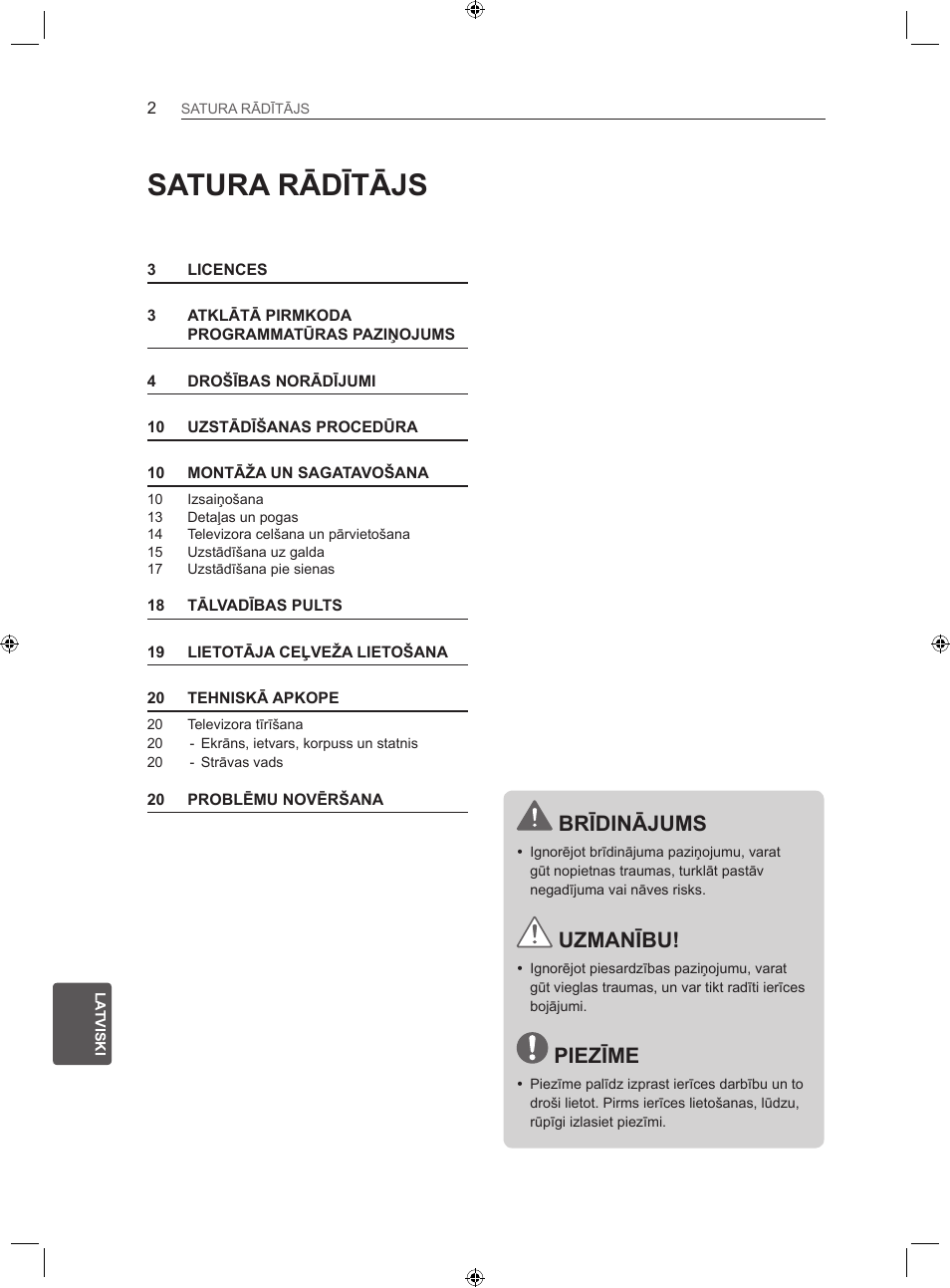 Satura rādītājs, Brīdinājums, Uzmanību | Piezīme | LG 22LS3500-ZA User Manual | Page 191 / 367