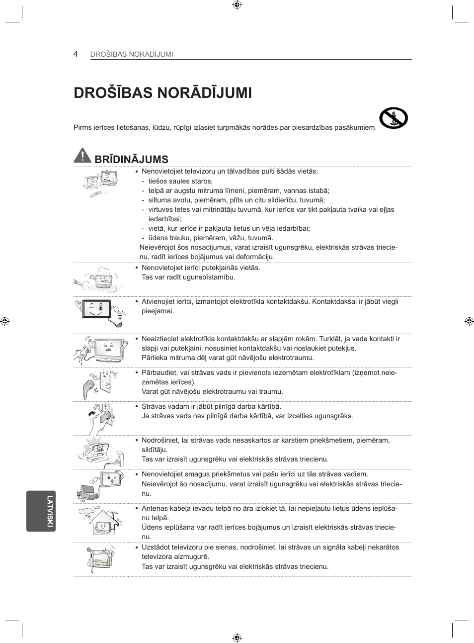 Drošības norādījumi, Brīdinājums | LG 22LS3500-ZA User Manual | Page 193 / 367