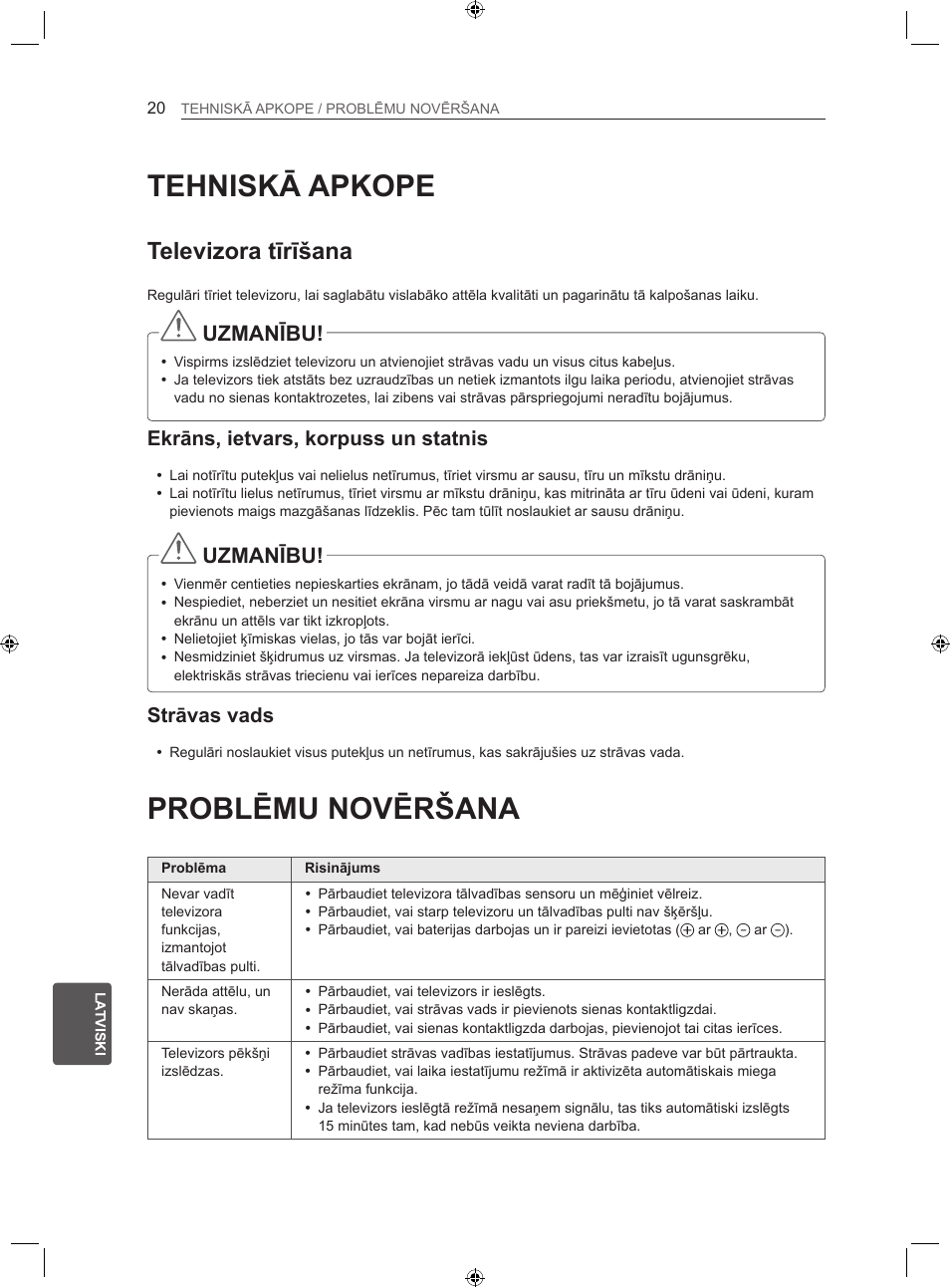 Tehniskā apkope, Problēmu novēršana, Televizora tīrīšana | Uzmanību, Ekrāns, ietvars, korpuss un statnis, Strāvas vads | LG 22LS3500-ZA User Manual | Page 209 / 367