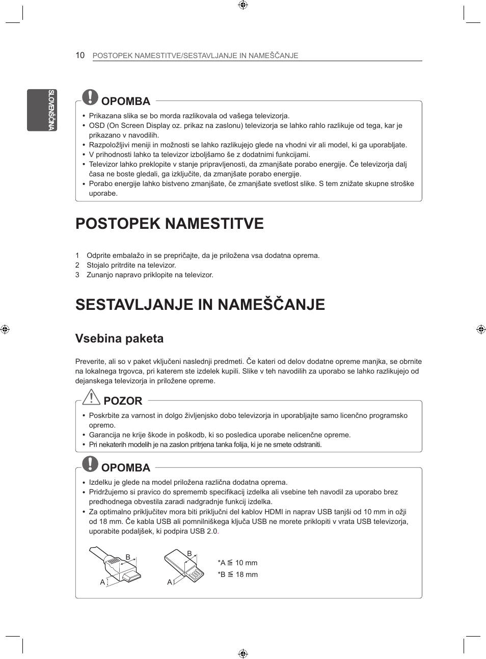 Postopek namestitve, Sestavljanje in nameščanje, Vsebina paketa | Opomba, Pozor | LG 22LS3500-ZA User Manual | Page 219 / 367