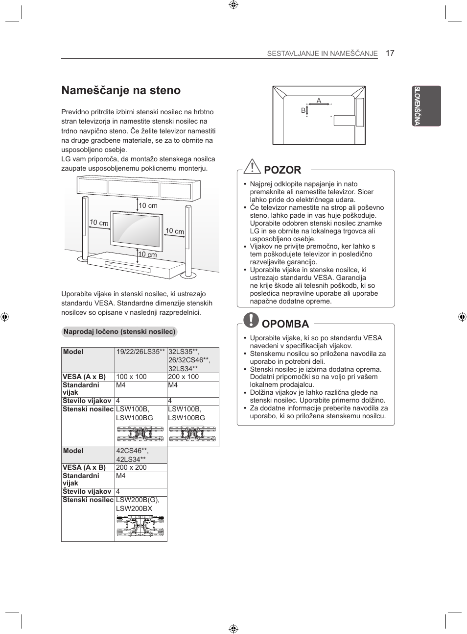 Nameščanje na steno, Pozor, Opomba | LG 22LS3500-ZA User Manual | Page 226 / 367