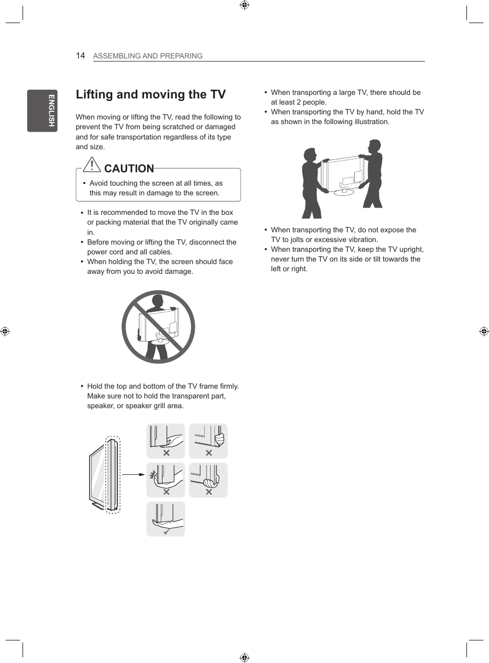 Lifting and moving the tv, Caution | LG 22LS3500-ZA User Manual | Page 23 / 367