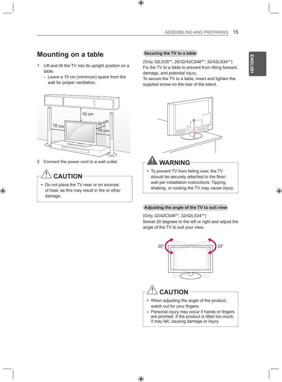 Mounting on a table, Caution, Warning | LG 22LS3500-ZA User Manual | Page 24 / 367