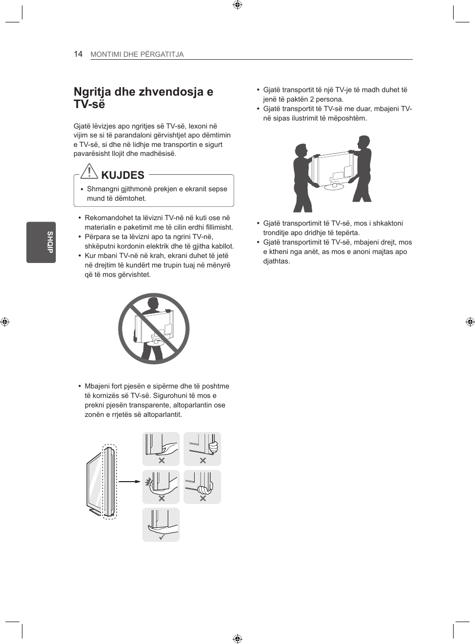 Ngritja dhe zhvendosja e tv-së, Kujdes | LG 22LS3500-ZA User Manual | Page 283 / 367
