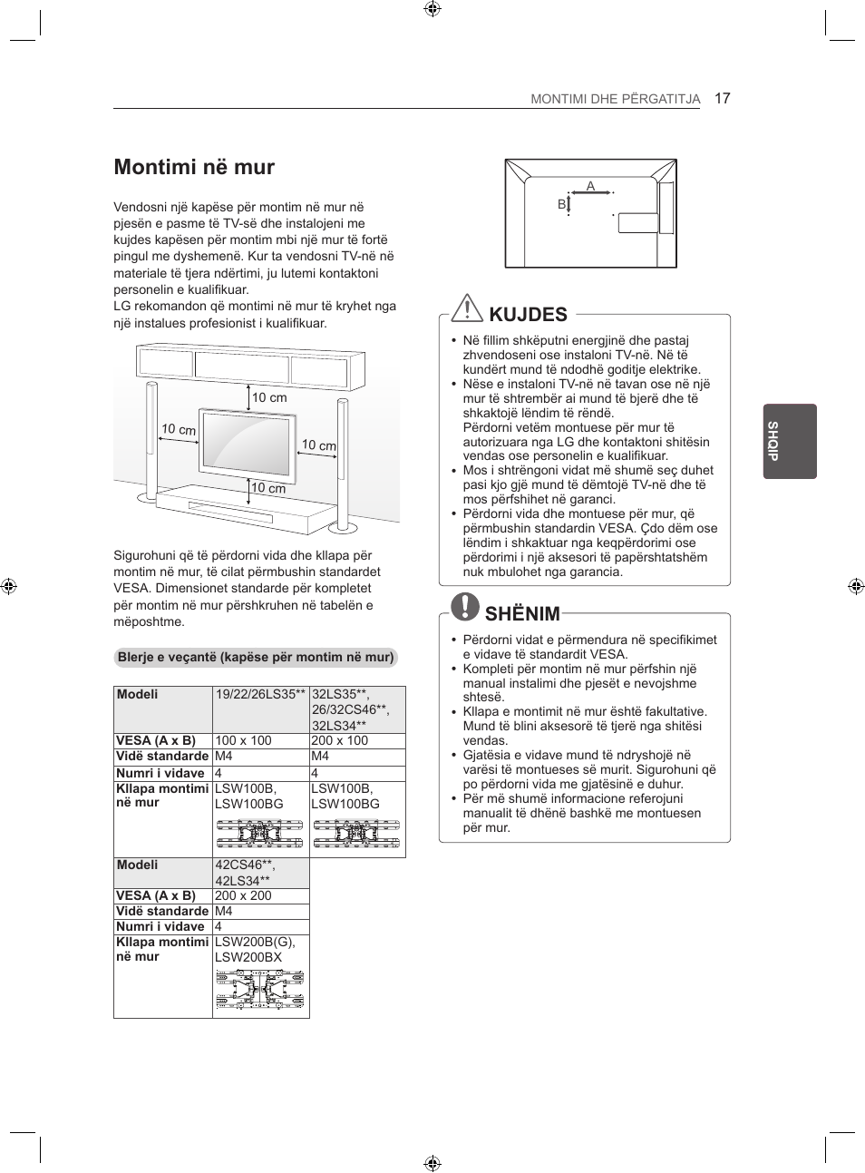 Montimi në mur, Kujdes, Shënim | LG 22LS3500-ZA User Manual | Page 286 / 367