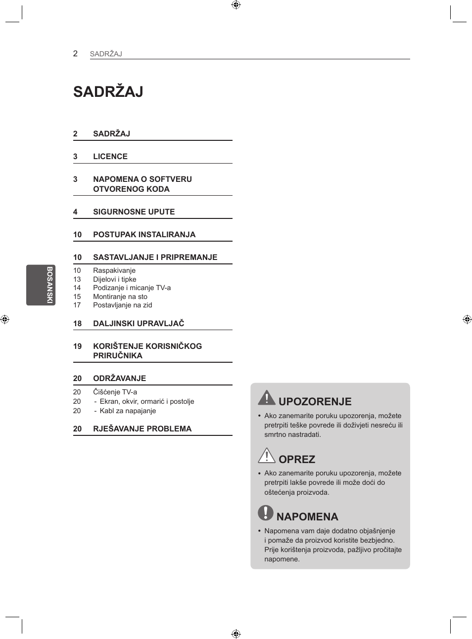 Sadržaj, Upozorenje, Oprez | Napomena | LG 22LS3500-ZA User Manual | Page 291 / 367