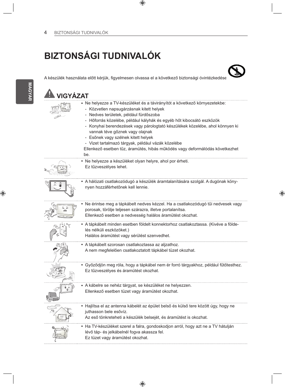 Biztonsági tudnivalók, Vigyázat | LG 22LS3500-ZA User Manual | Page 33 / 367