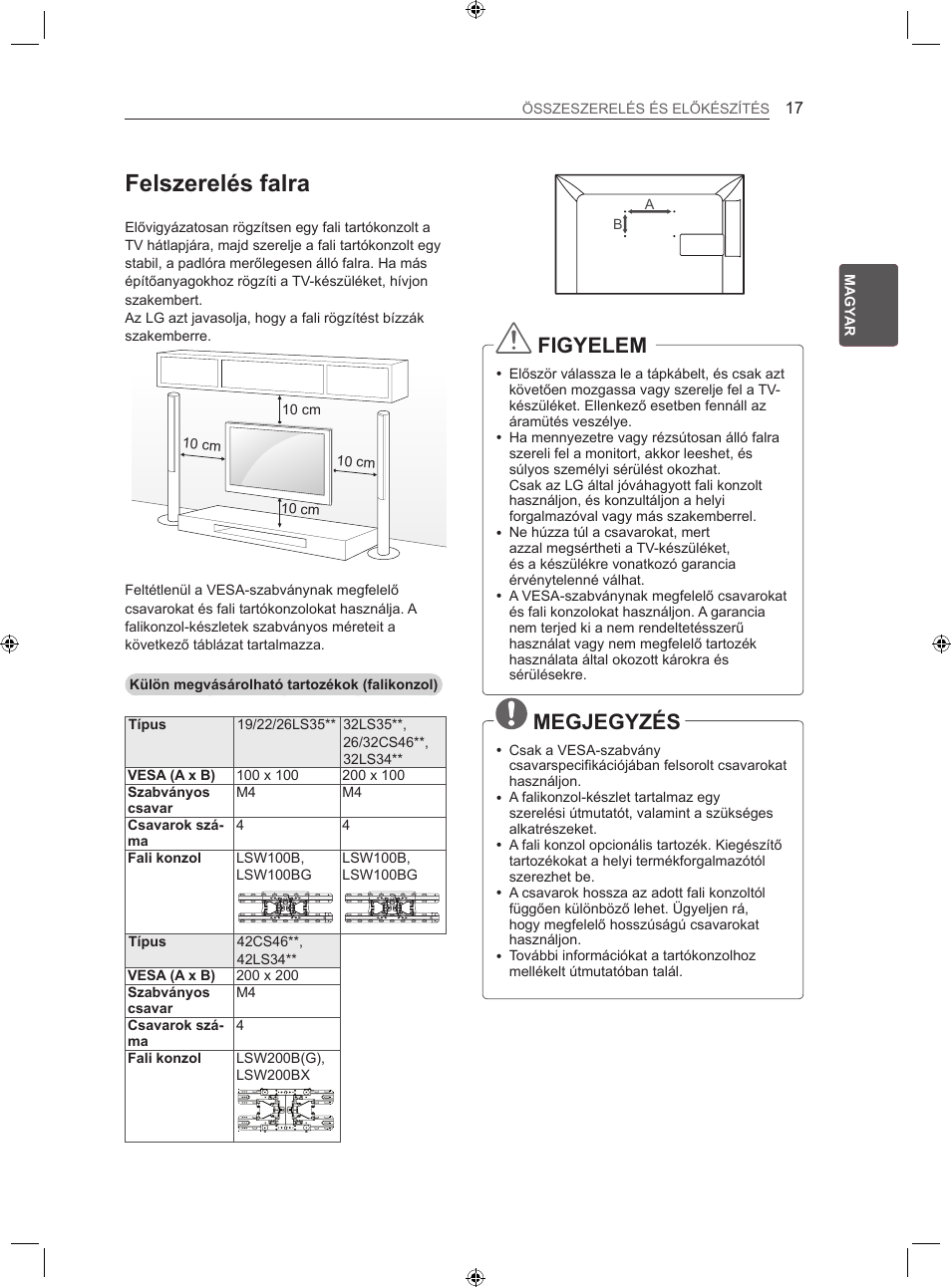 Felszerelés falra, Figyelem, Megjegyzés | LG 22LS3500-ZA User Manual | Page 46 / 367