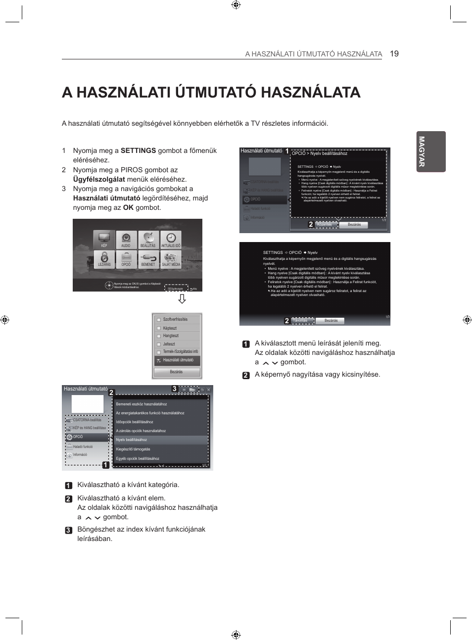 A használati útmutató használata, Hun magy ar a használati útmutató használata, Gombot. 2 a képernyő nagyítása vagy kicsinyítése | LG 22LS3500-ZA User Manual | Page 48 / 367