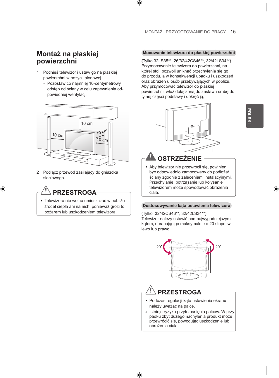 Montaż na płaskiej powierzchni, Przestroga, Ostrzeżenie | LG 22LS3500-ZA User Manual | Page 64 / 367