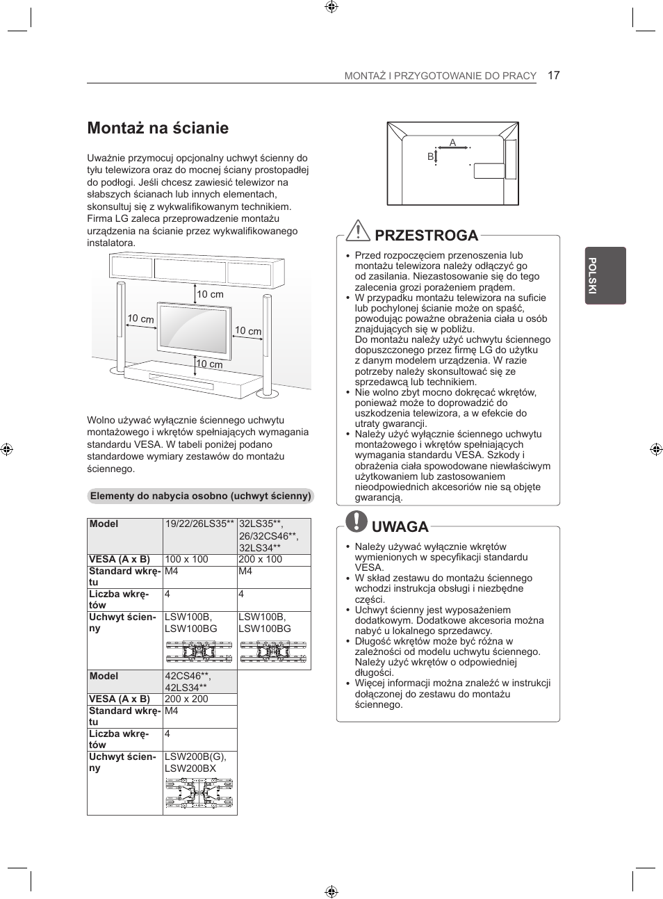 Montaż na ścianie, Przestroga, Uwaga | LG 22LS3500-ZA User Manual | Page 66 / 367