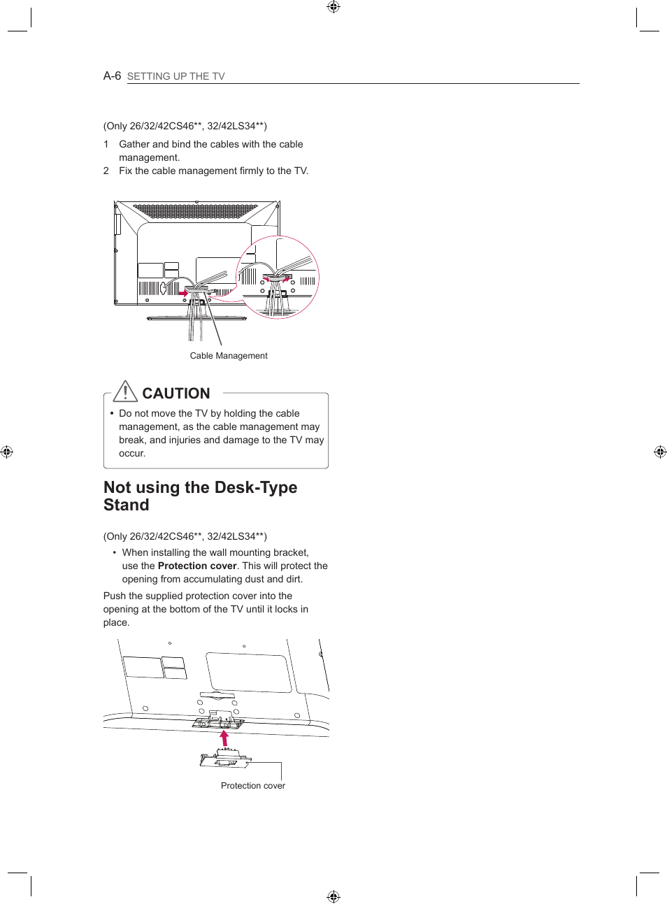 Not using the desk-type stand, Caution | LG 22LS3500-ZA User Manual | Page 9 / 367