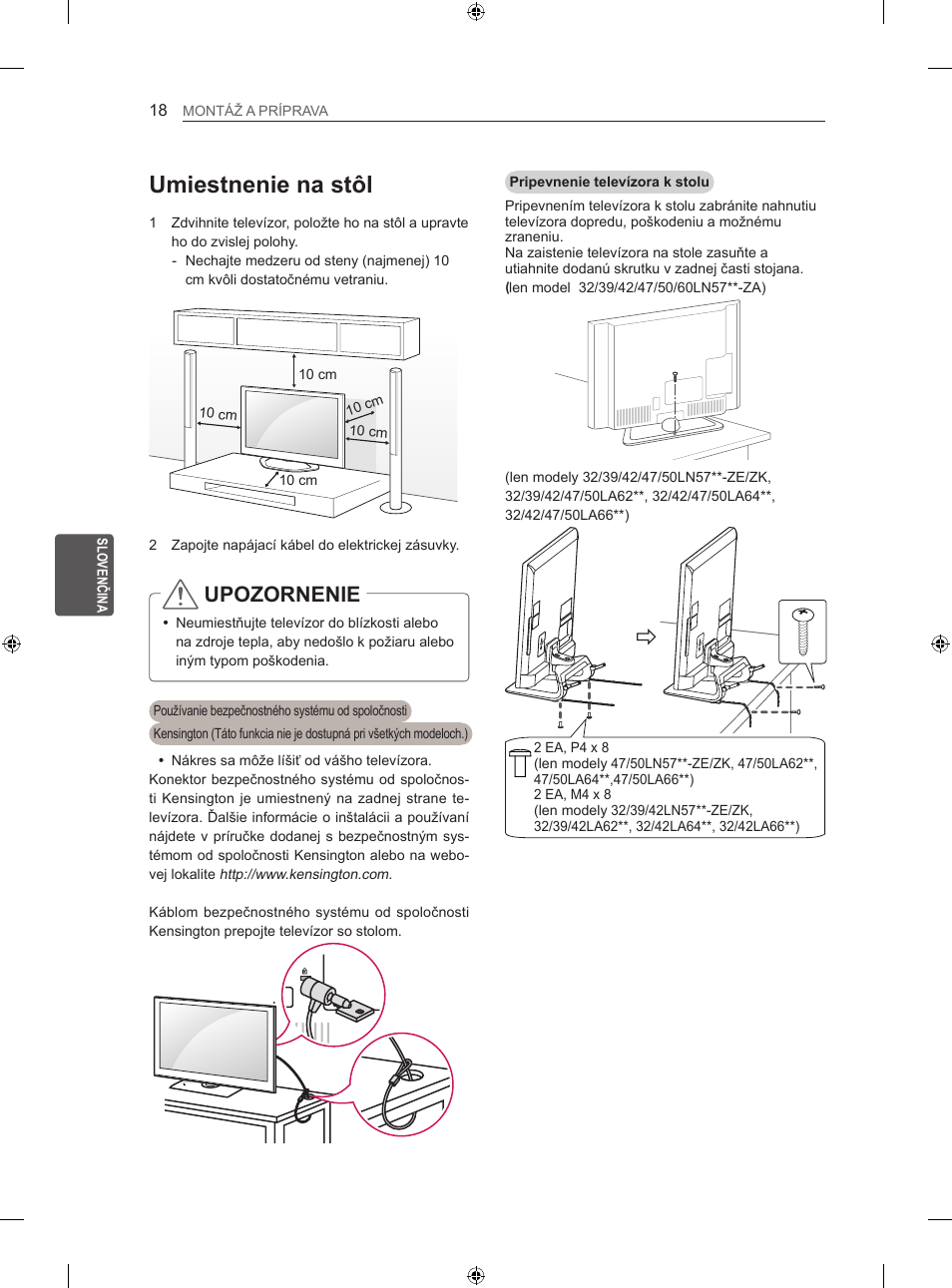 Umiestnenie na stôl, Upozornenie | LG 42LA620S User Manual | Page 144 / 552
