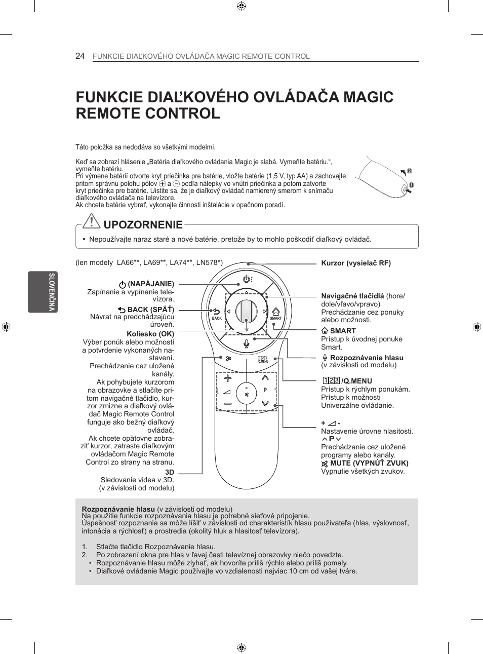 Funkcie diaľkového ovládača magic remote control, Upozornenie | LG 42LA620S User Manual | Page 150 / 552