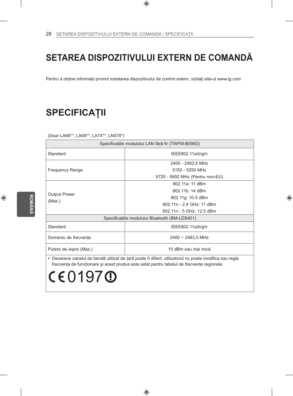 Specificaţii, Setarea dispozitivului extern de comandă | LG 42LA620S User Manual | Page 184 / 552