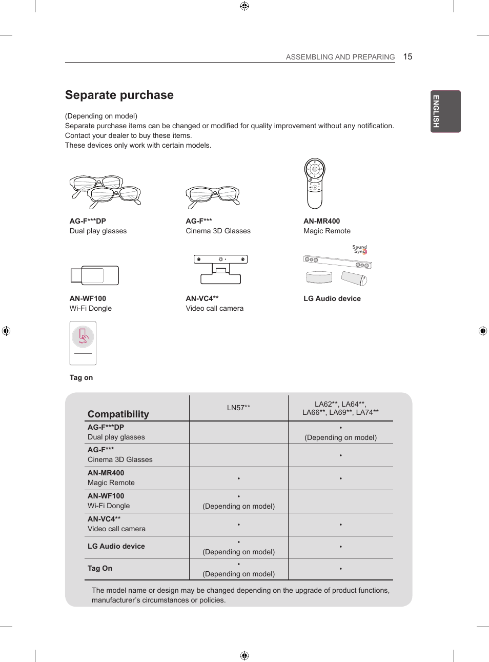 Separate purchase, Compatibility | LG 42LA620S User Manual | Page 21 / 552