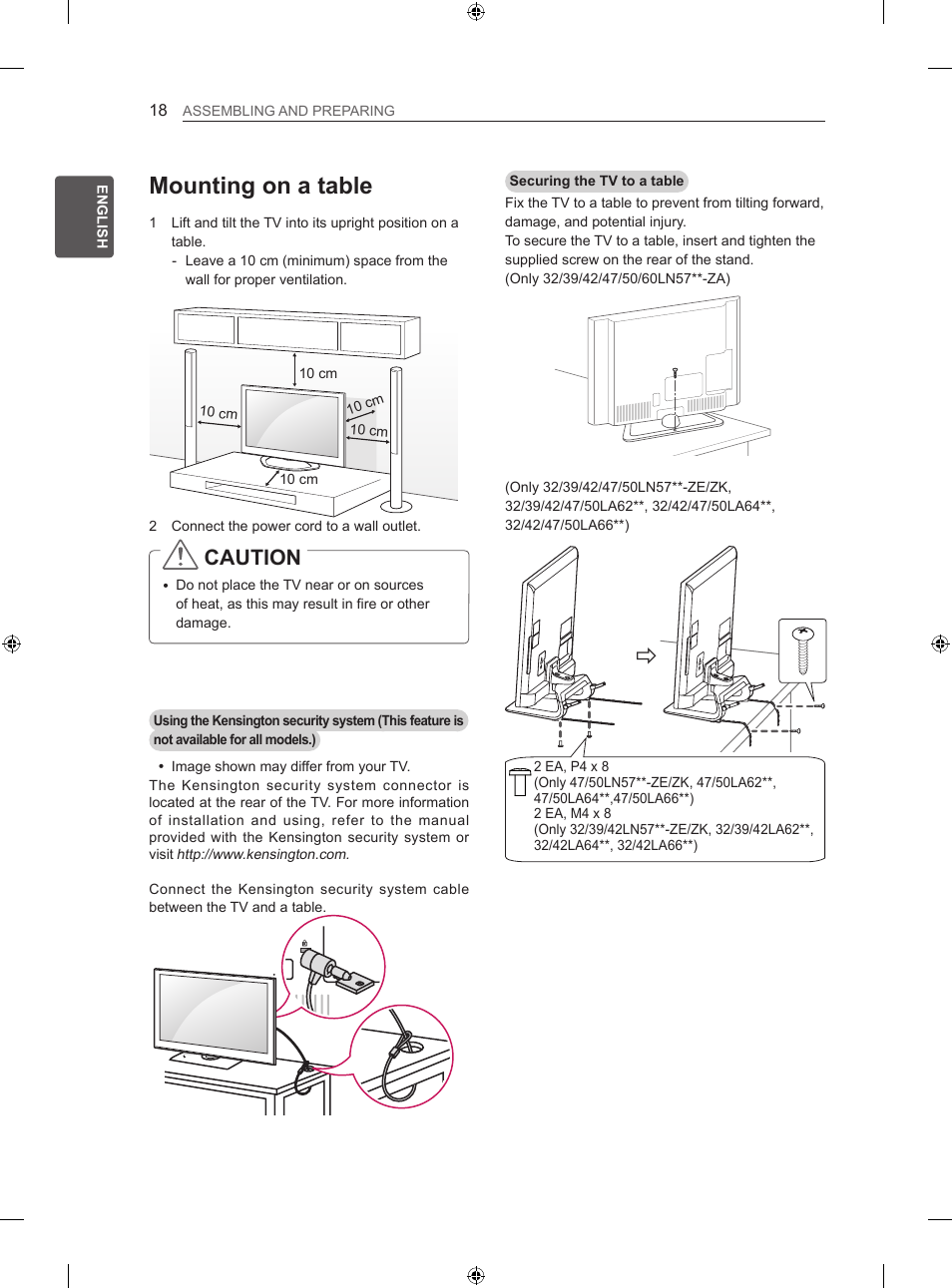 Mounting on a table, Caution | LG 42LA620S User Manual | Page 24 / 552