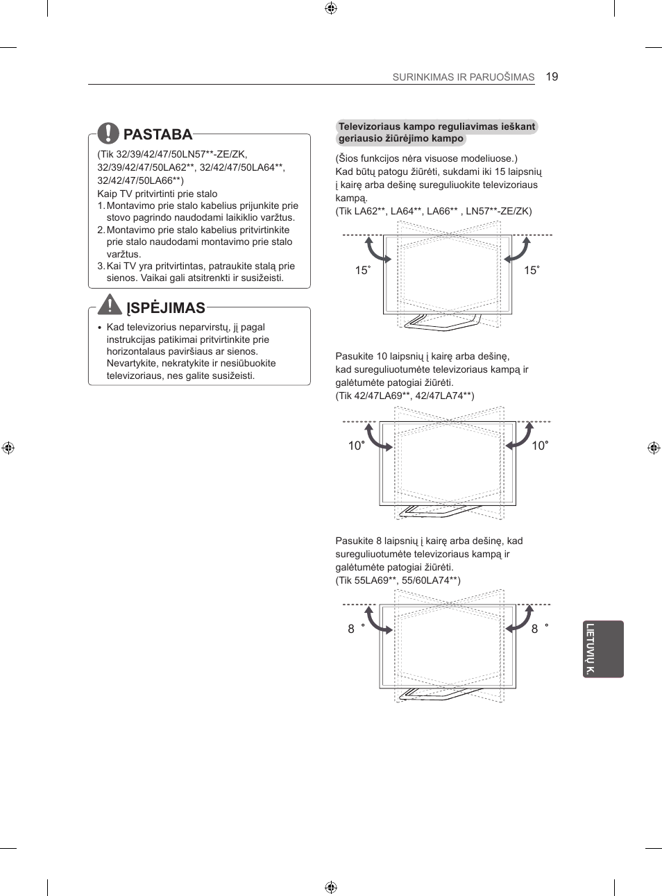 Pastaba, Įspėjimas | LG 42LA620S User Manual | Page 265 / 552