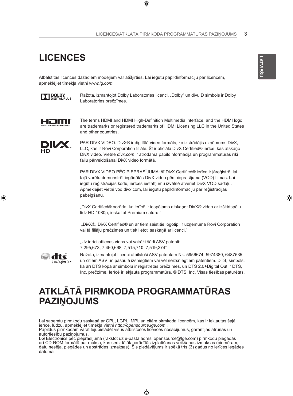 Licences, Atklātā pirmkoda programmatūras paziņojums | LG 42LA620S User Manual | Page 279 / 552