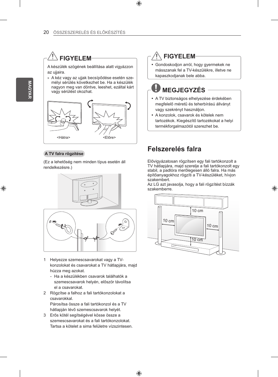 Felszerelés falra, Figyelem, Megjegyzés | LG 42LA620S User Manual | Page 56 / 552