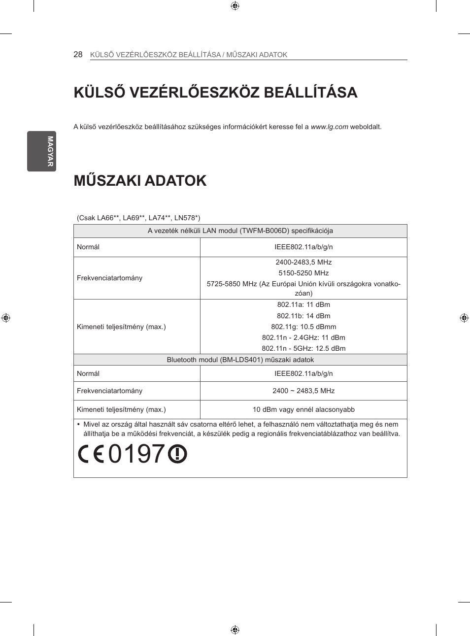 Műszaki adatok, Külső vezérlőeszköz beállítása | LG 42LA620S User Manual | Page 64 / 552