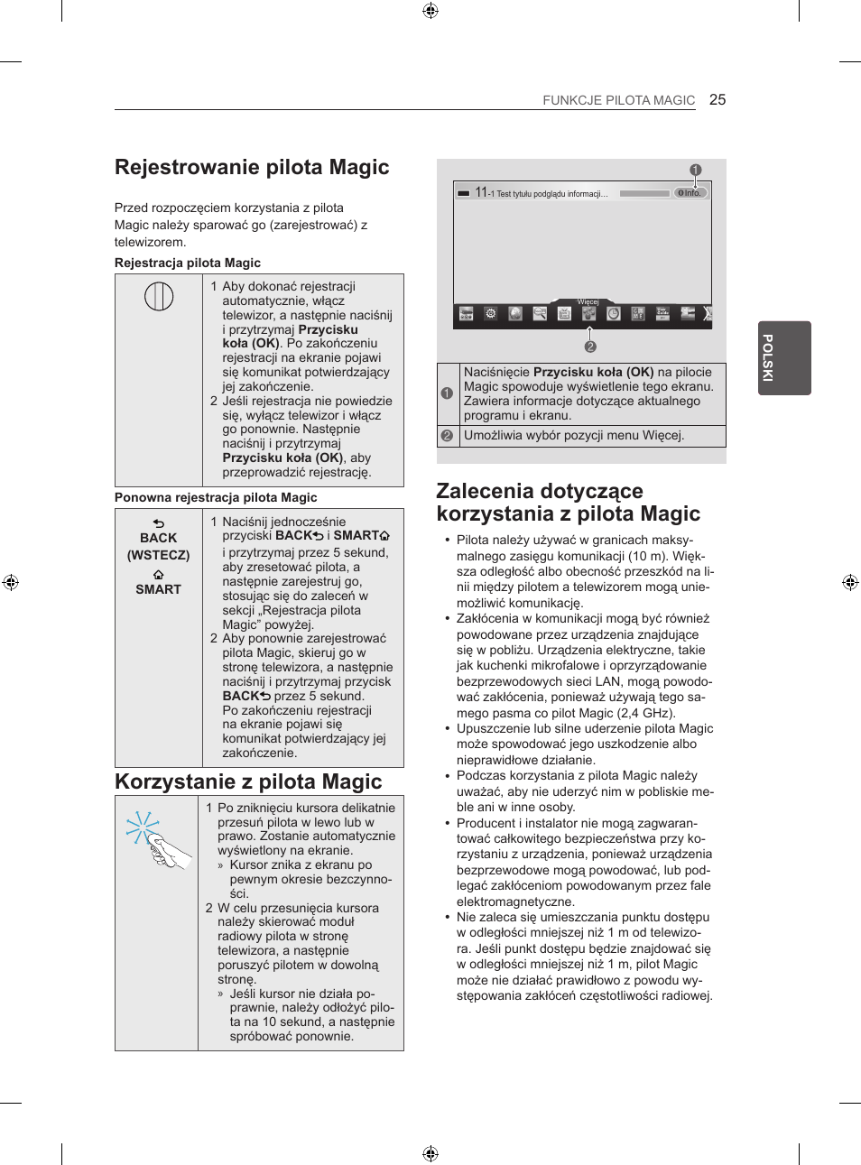 Rejestrowanie pilota magic, Zalecenia dotyczące korzystania z pilota magic, Korzystanie z pilota magic | LG 42LA620S User Manual | Page 91 / 552