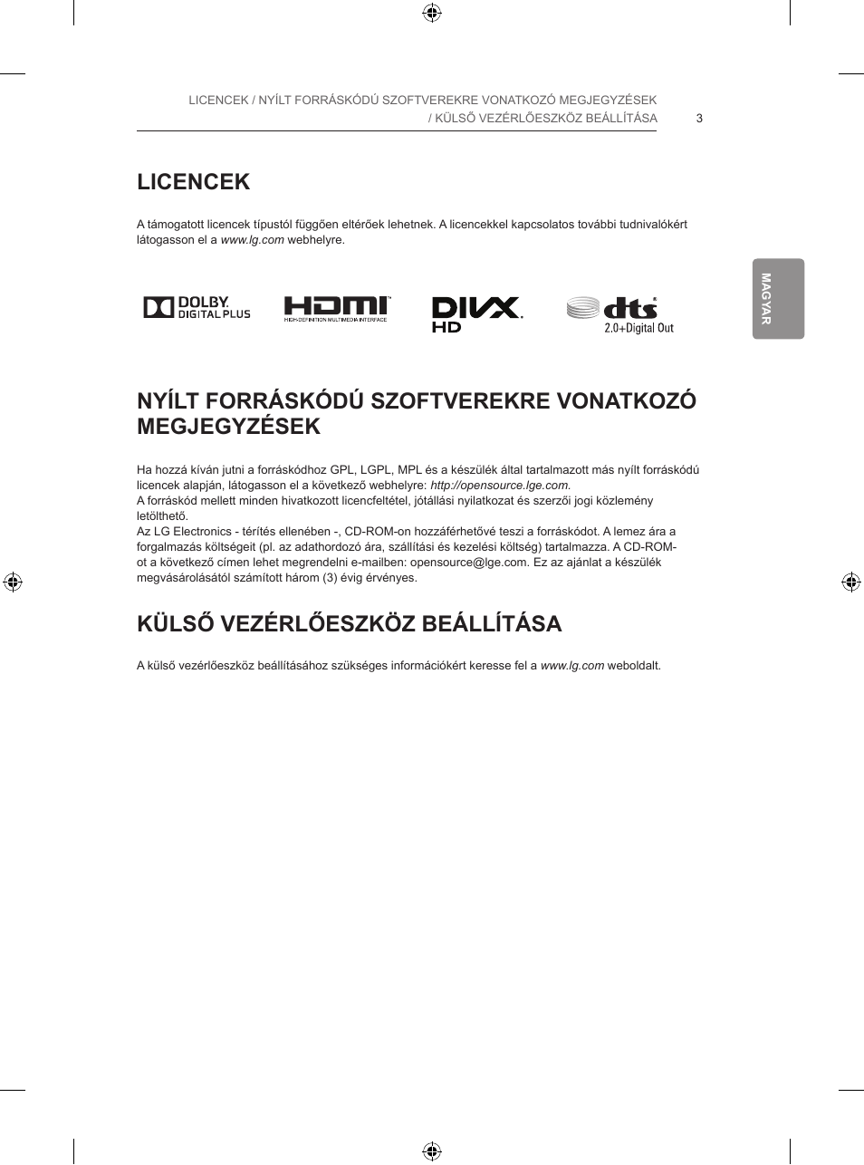 Licencek, Külső vezérlőeszköz beállítása | LG 65LB730V User Manual | Page 101 / 332