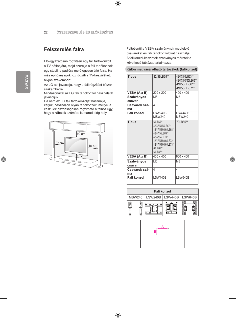 Felszerelés falra | LG 65LB730V User Manual | Page 120 / 332