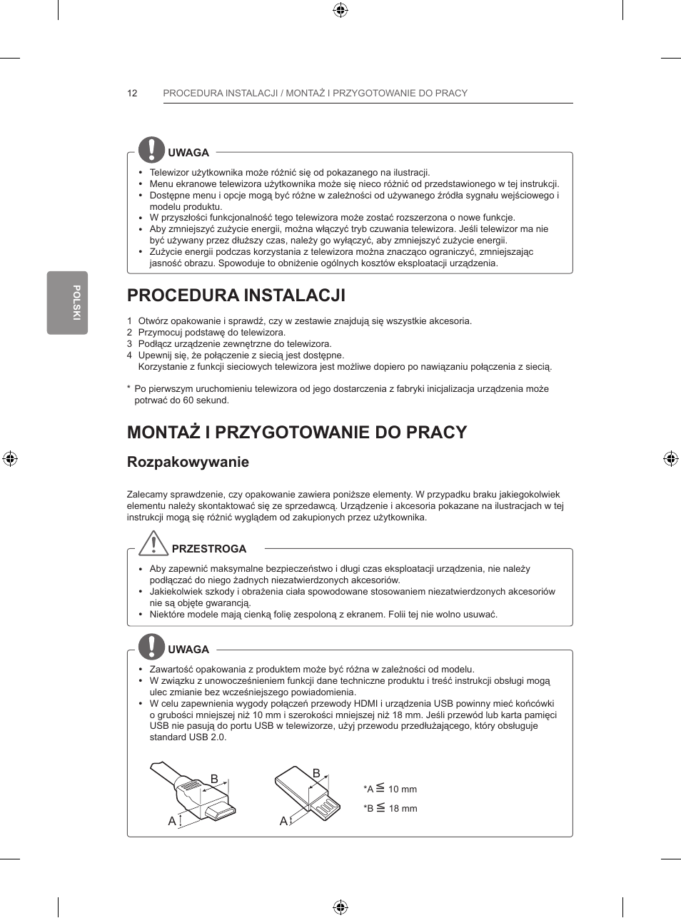 Procedura instalacji, Montaż i przygotowanie do pracy, Rozpakowywanie | LG 65LB730V User Manual | Page 142 / 332