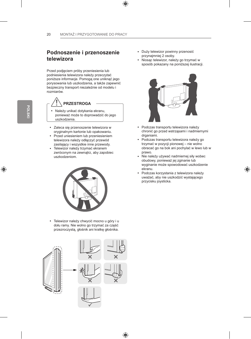 Podnoszenie i przenoszenie telewizora | LG 65LB730V User Manual | Page 150 / 332