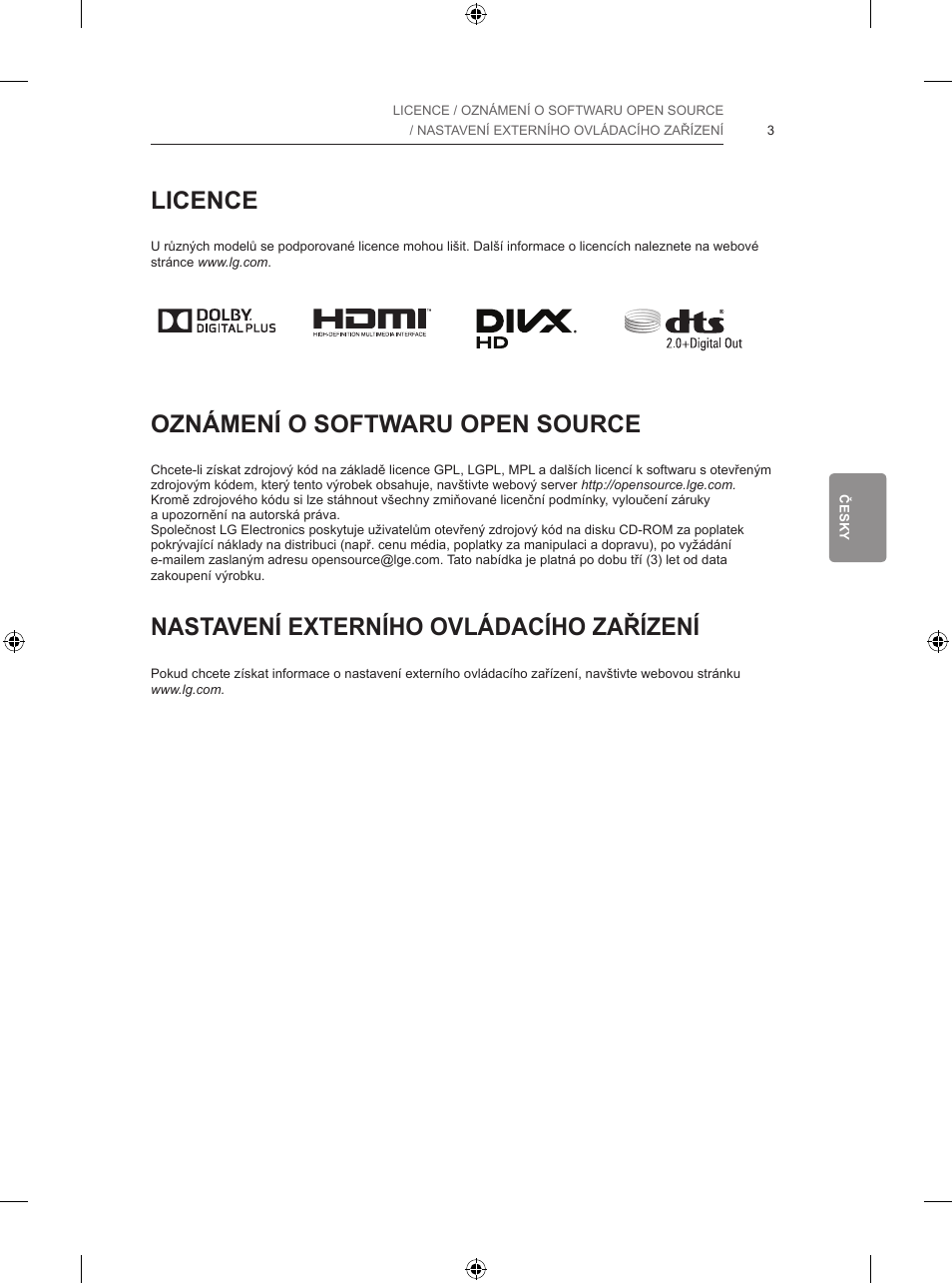 Licence, Oznámení o softwaru open source, Nastavení externího ovládacího zařízení | LG 65LB730V User Manual | Page 165 / 332