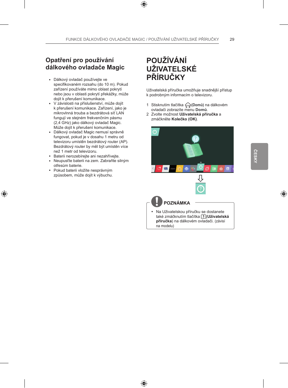 Používání uživatelské příručky, Opatření pro používání dálkového ovladače magic | LG 65LB730V User Manual | Page 191 / 332
